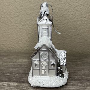 Hand Blown Glass White Silver Glitter House Church Christmas Ornament 6"